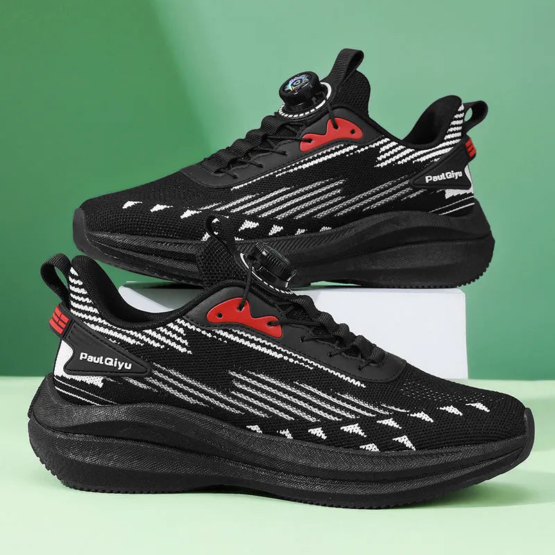 Men's low-top white green sports running shoe with rotating buckle and lace-up closure on a TPU sole.
