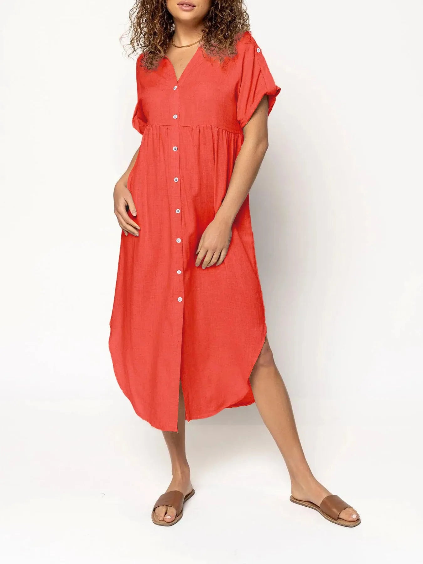 Women's casual button front mid-length dress in solid colour with regular sleeves and loose fit