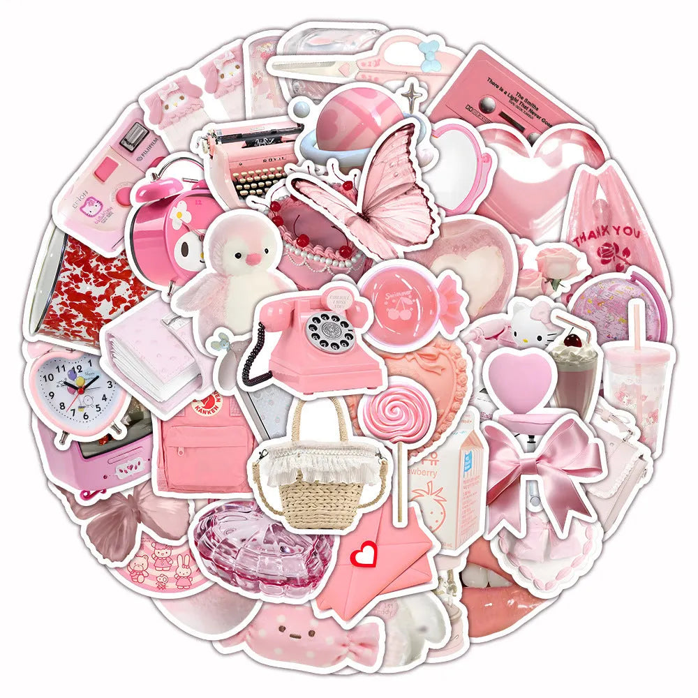 63 piece set of pink 3D girl heart decorative stickers in cute style on a sheet.