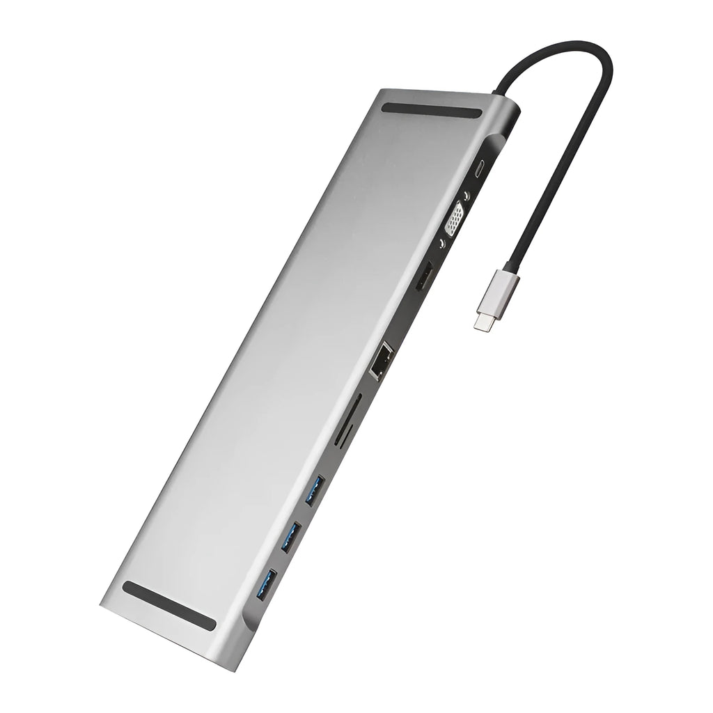 Grey aluminium alloy ten port docking station with integrated laptop cooling bracket showing HDMI, VGA, and USB ports