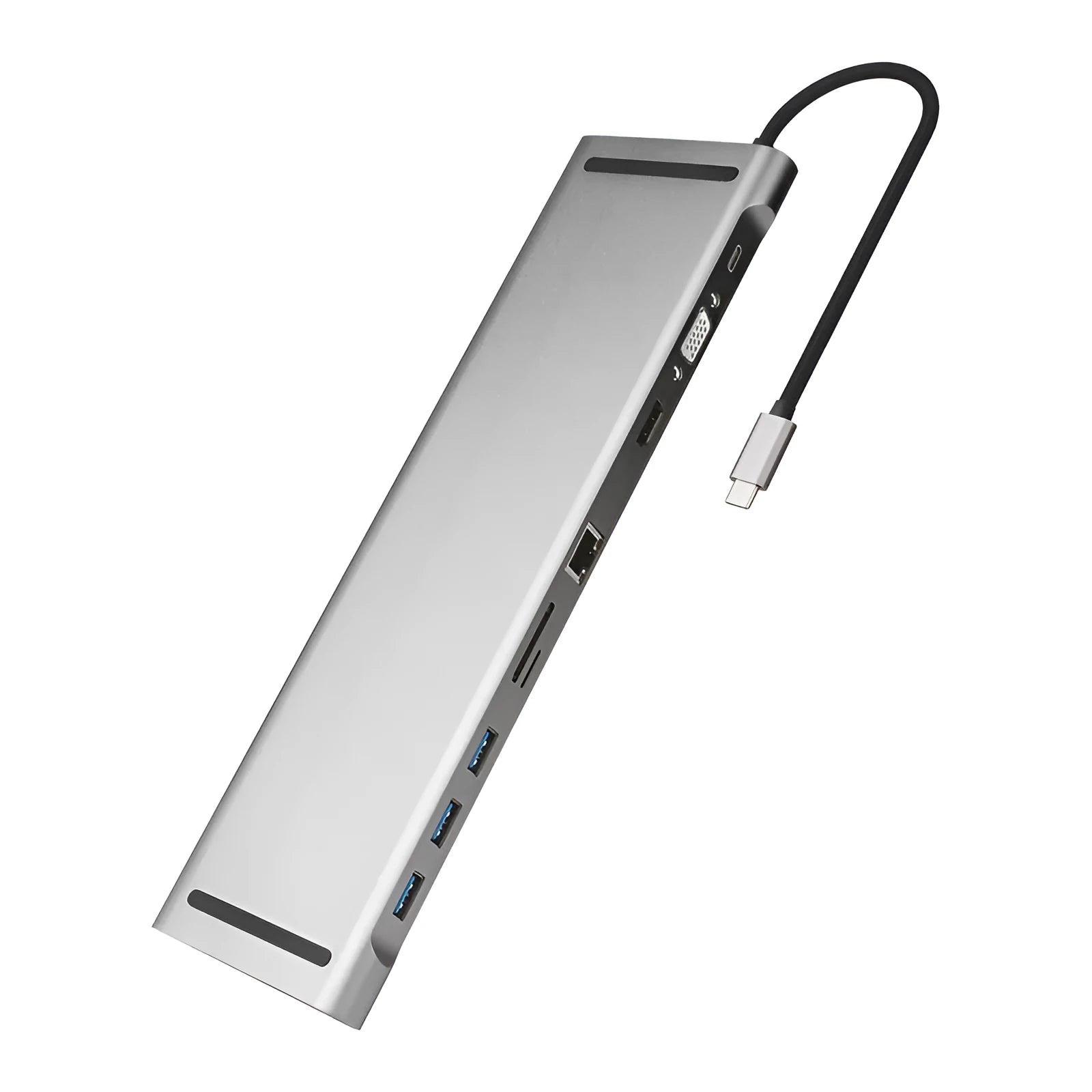 Grey aluminium alloy ten port docking station with integrated laptop cooling bracket showing HDMI, VGA, and USB ports
