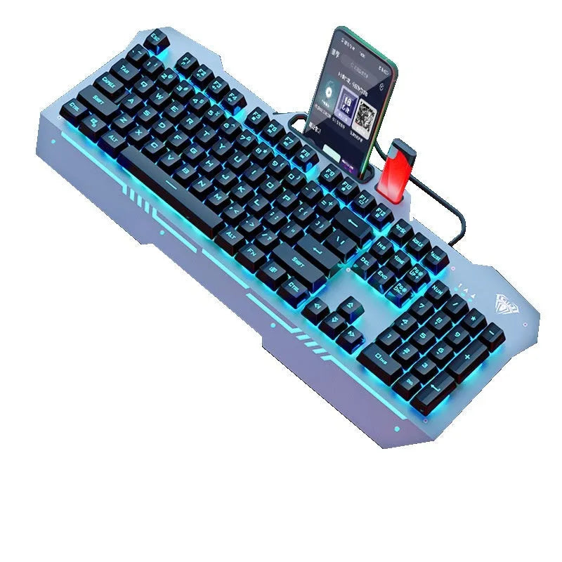 Mechanical gaming bundle showing black keyboard with blue backlighting alongside matching mouse and headset