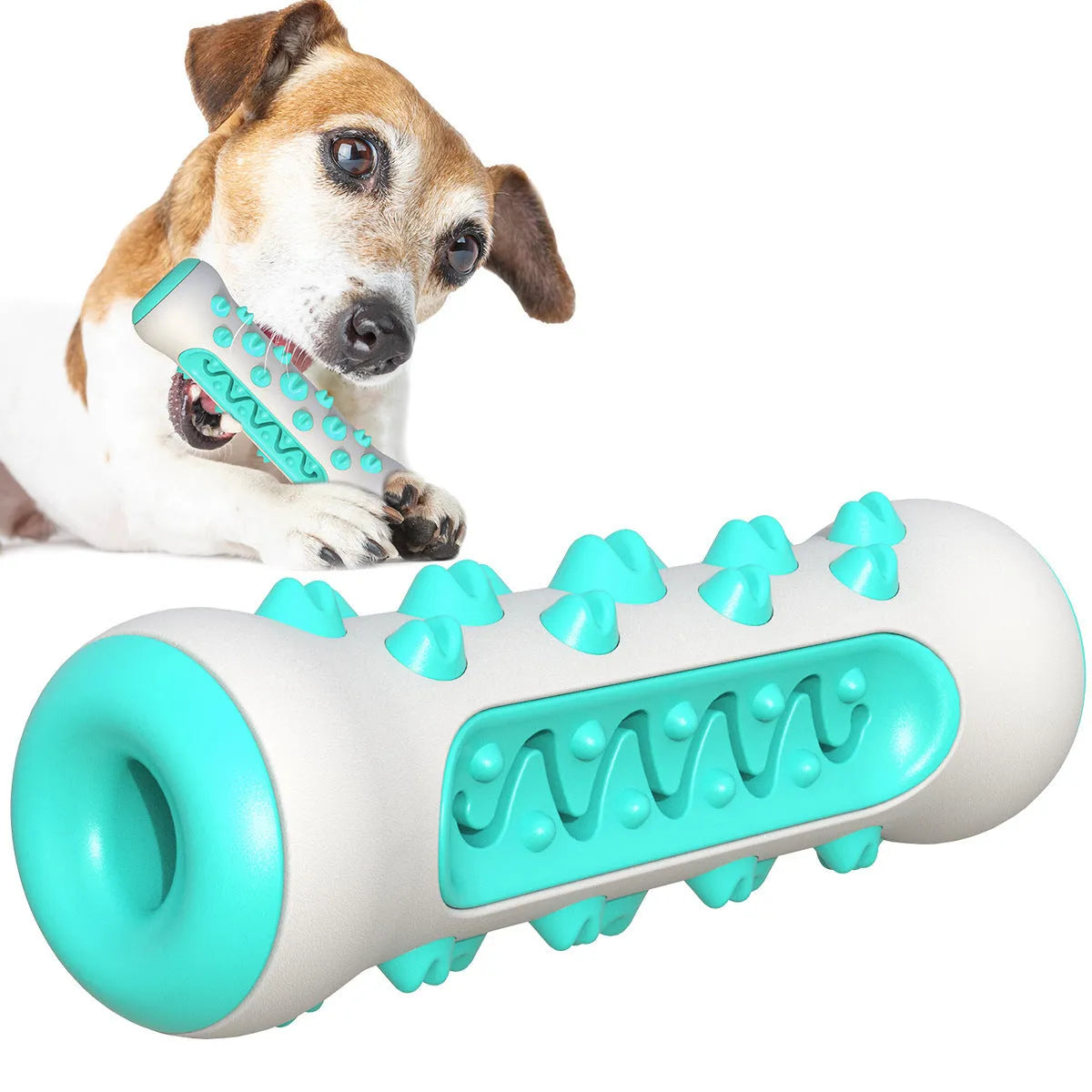 Natural rubber dog toothbrush chew toy in blue colour, showing textured surface for cleaning teeth.