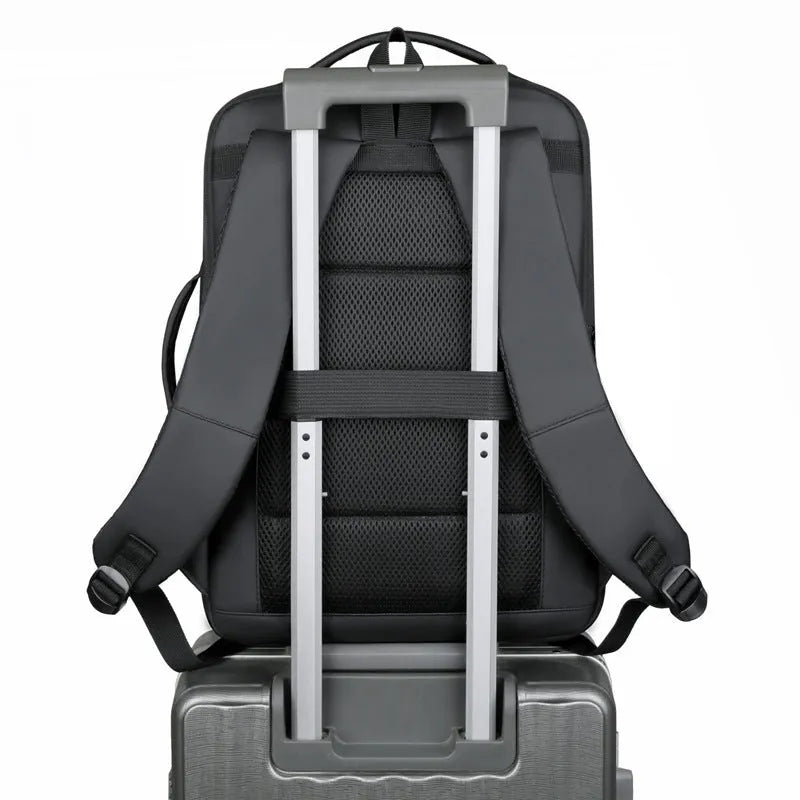 Men's large capacity waterproof Oxford cloth backpack in black with curved shoulder strap