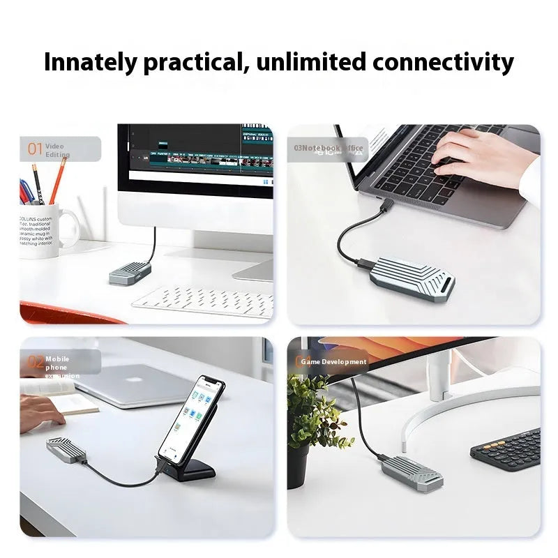 Silver Thunderbolt 4 external SSD enclosure for M.2 drives, showing compact aluminium design.