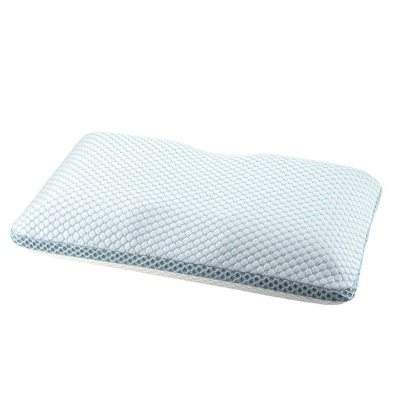 Household cervical memory foam pillow 63x36x13.5cm shown with medium molecule air layer cover in white and blue