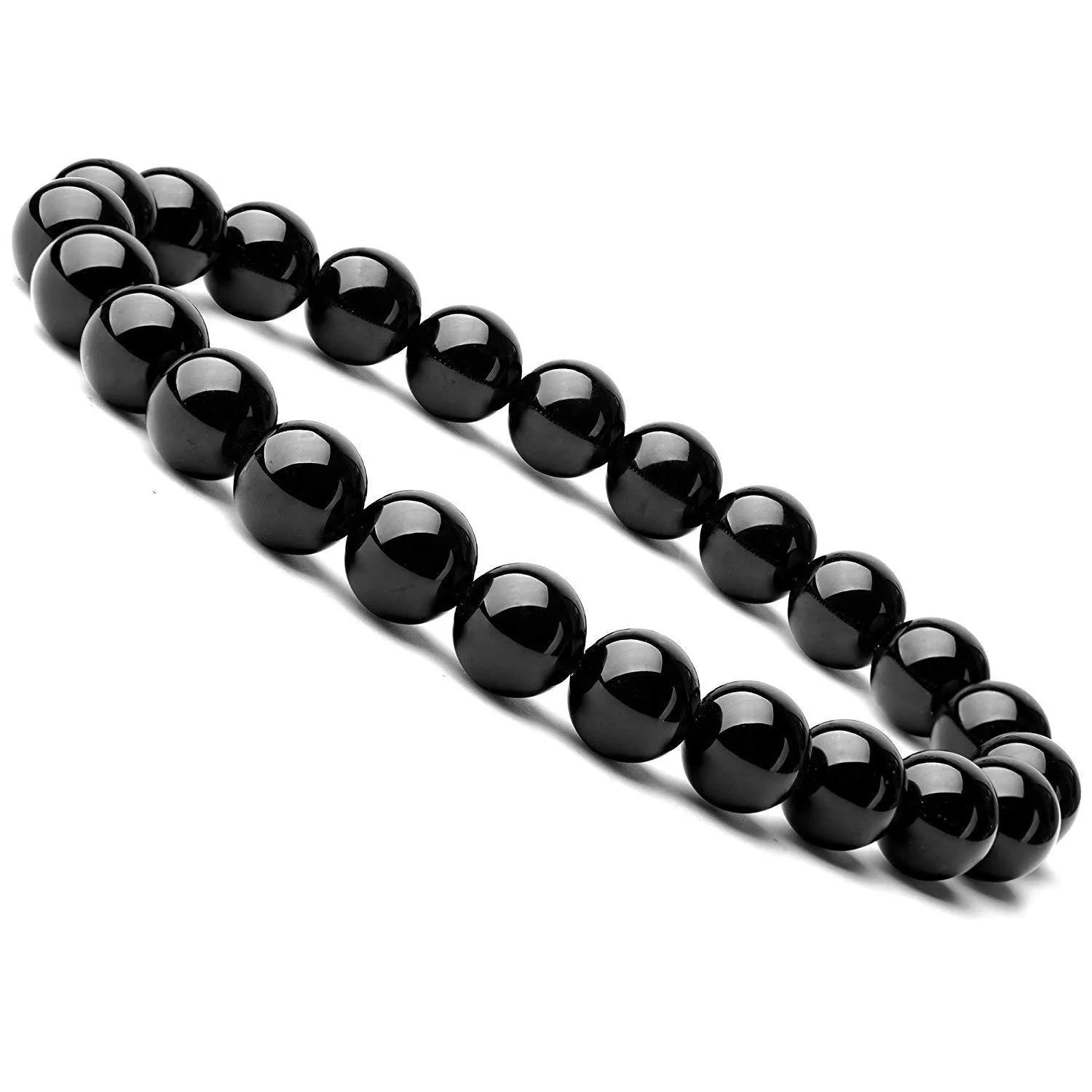 Women's black onyx bead bracelet with geometric design on a stretchy elastic cord.