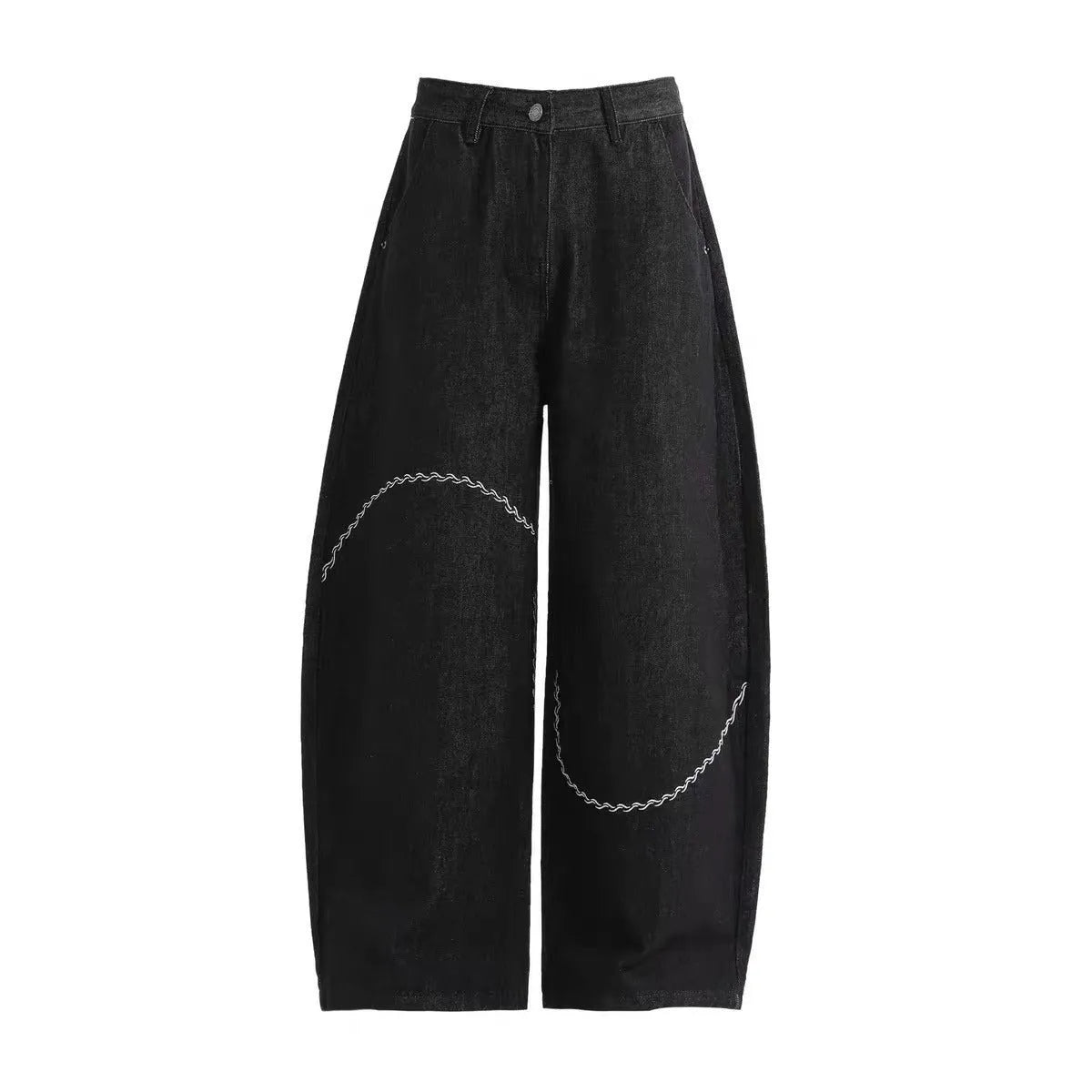 Black straight-leg denim trousers with mid-waist design and zip fly closure