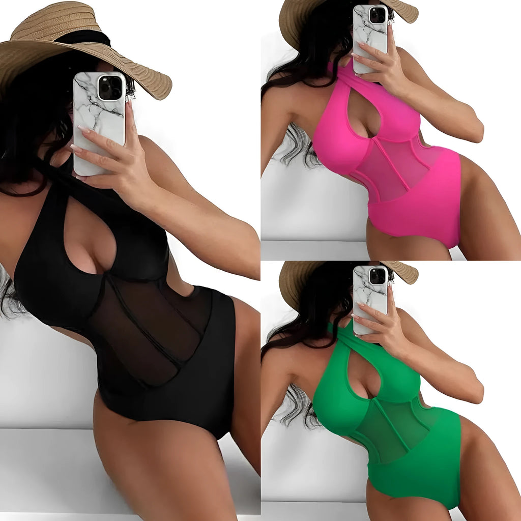 Ladies one-piece swimsuit bikini in spun yarn fabric shown in black, rose red, and green colours.