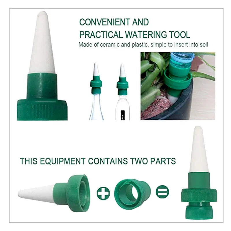 Green ceramic plant water dripper attached to cola bottle for automatic flower irrigation
