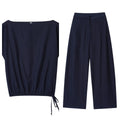 Women's linen blended shirt and wide leg trousers set with flounced sleeves in office-appropriate styling
