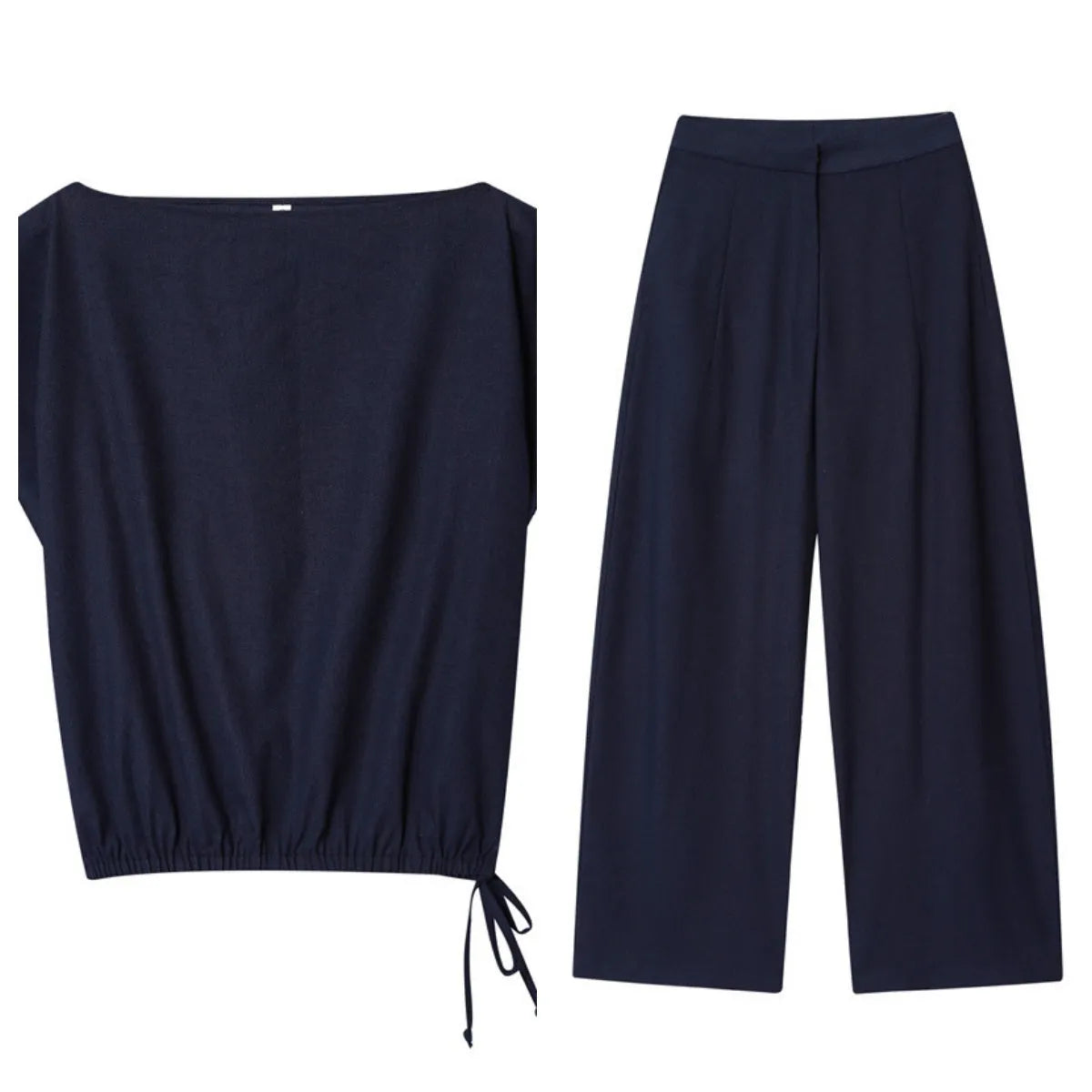 Women's linen blended shirt and wide leg trousers set with flounced sleeves in office-appropriate styling