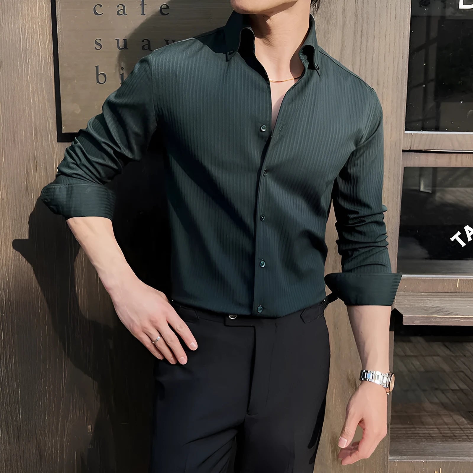 Men's striped long sleeve V-neck casual shirt in a cardigan style, shown in multiple colours.