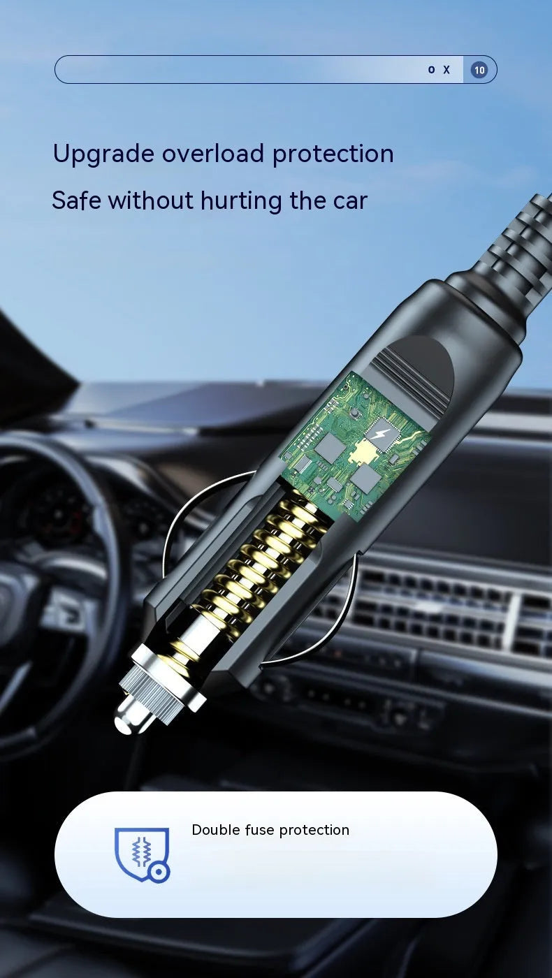 Wireless digital display car air pump and vacuum cleaner with USB-C cable and accessories.