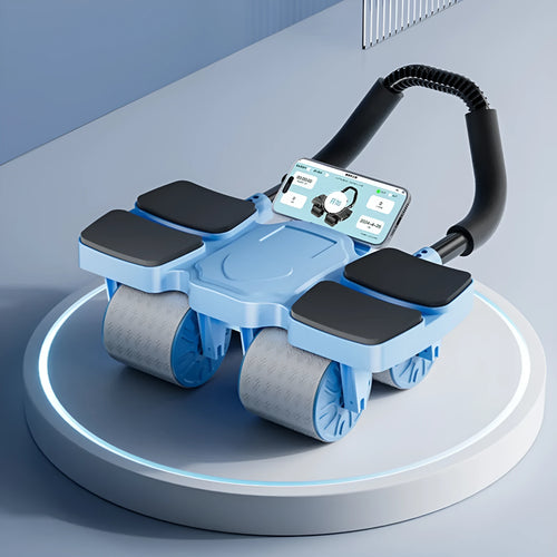Abdominal exercise wheel with automatic rebound feature and four wheels, shown in blue on a floor.