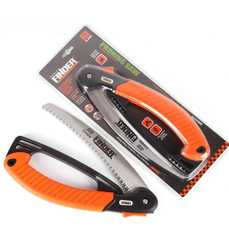 Garden folding hand saw with extended 230mm blade showing TPR grip and 65MN steel construction