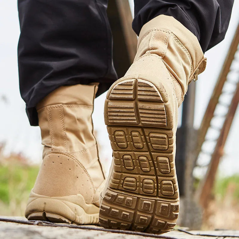 Yulong Combat Boots in black and sand colours, shown as unisex outdoor climbing and tactical desert footwear.