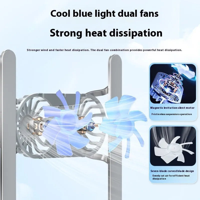 Aluminium alloy laptop cooling stand with twin fans and adjustable height mechanism in silver finish