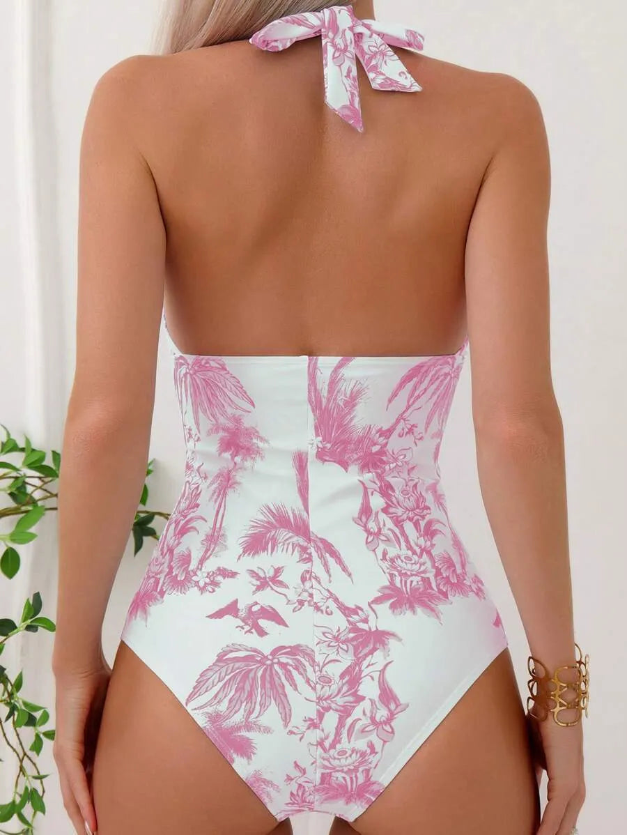 Women's printed V-neck one-piece swimsuit in apricot colour showing one-piece design