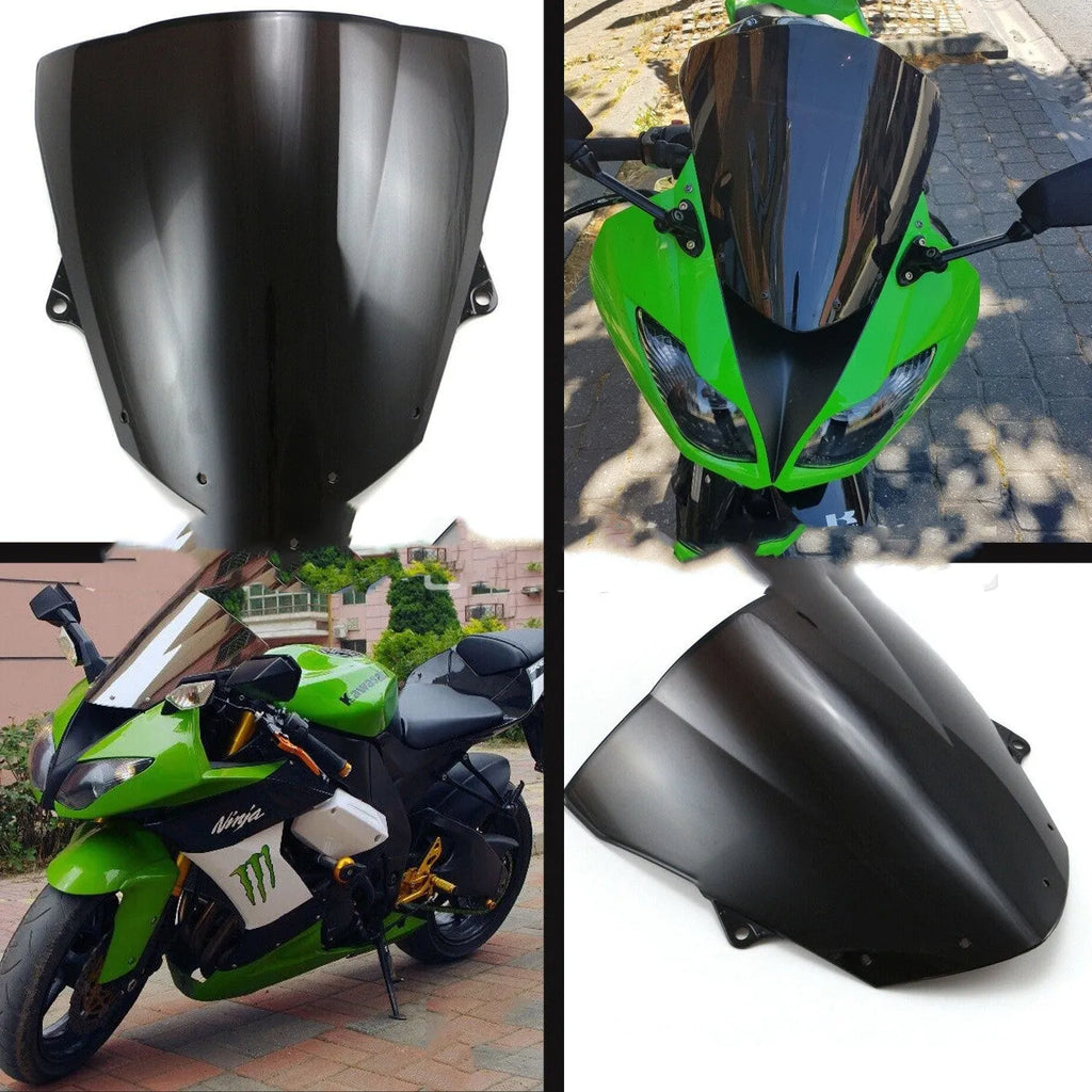 Replacement motorcycle windscreen for Kawasaki ZX-6R and ZX-10R models in blue and brown tint options.