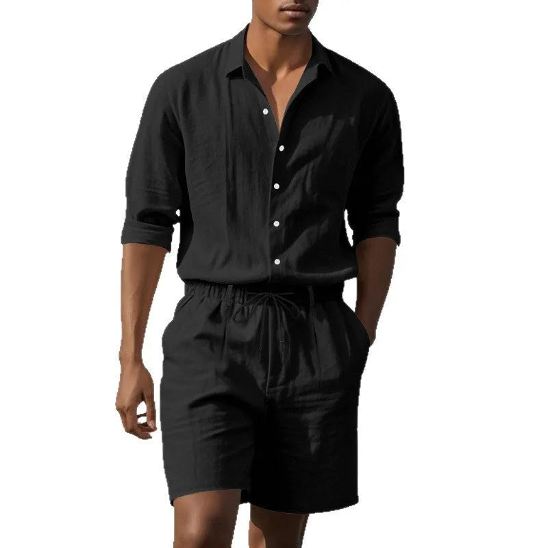Linen two-piece beach suit set with long sleeve shirt and matching shorts in multiple colour options