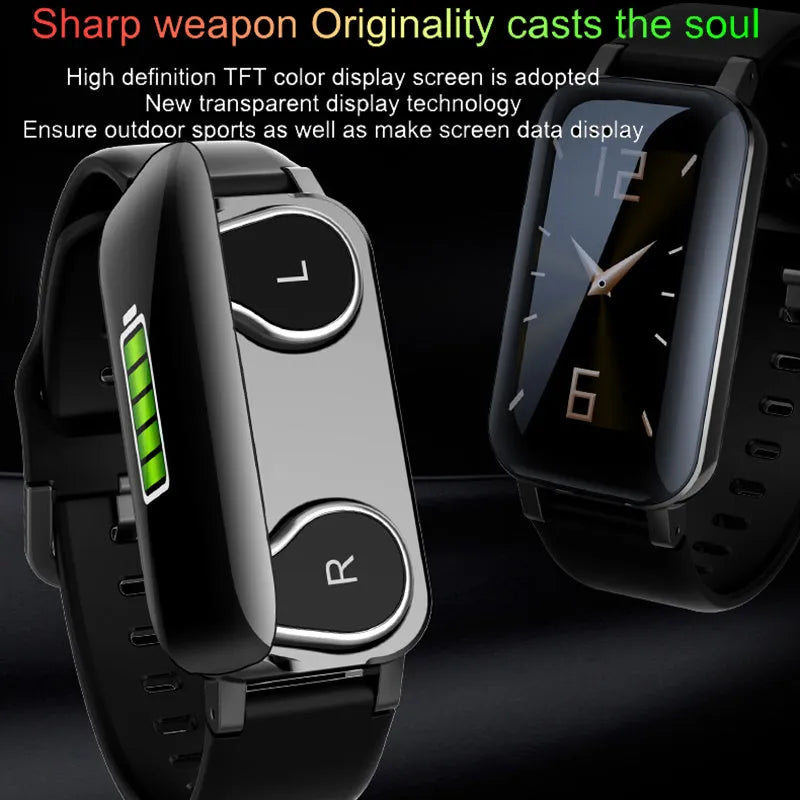 Call Bracelet smart fitness tracker in black, blue, or coffee on a wrist displaying heart rate data.