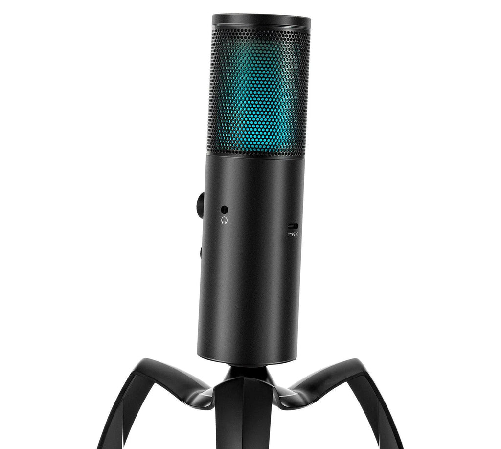 Black Q18 bidirectional condenser microphone with RGB lights on an adjustable metal tripod