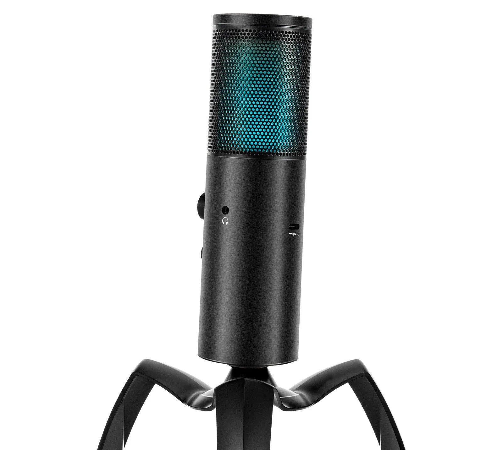 Black Q18 bidirectional condenser microphone with RGB lights on an adjustable metal tripod