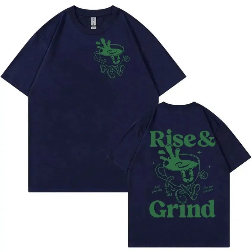 Rise And Grind green coffee cartoon print on a loose-fit linen T-shirt in khaki colour