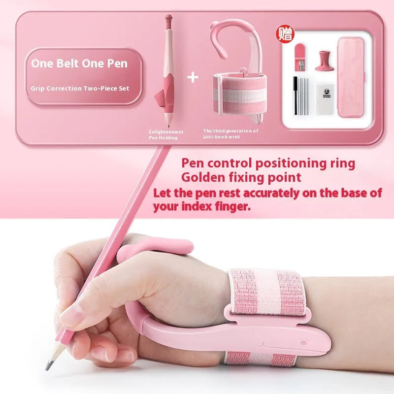 Anti-hook wrist brace pen control corrector for children's handwriting training in blue colour