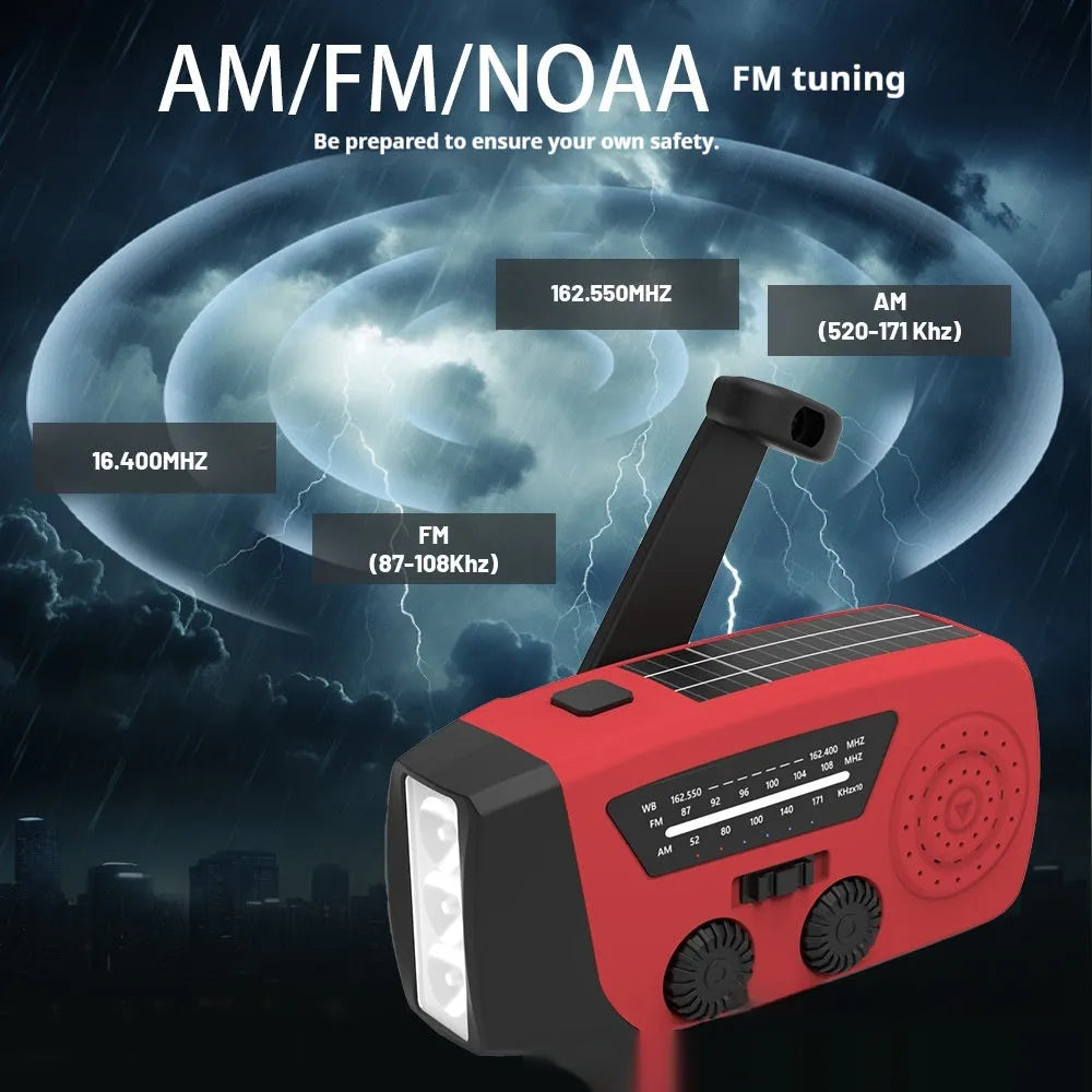 Red rechargeable emergency hand radio torch with built-in speaker and USB charging port