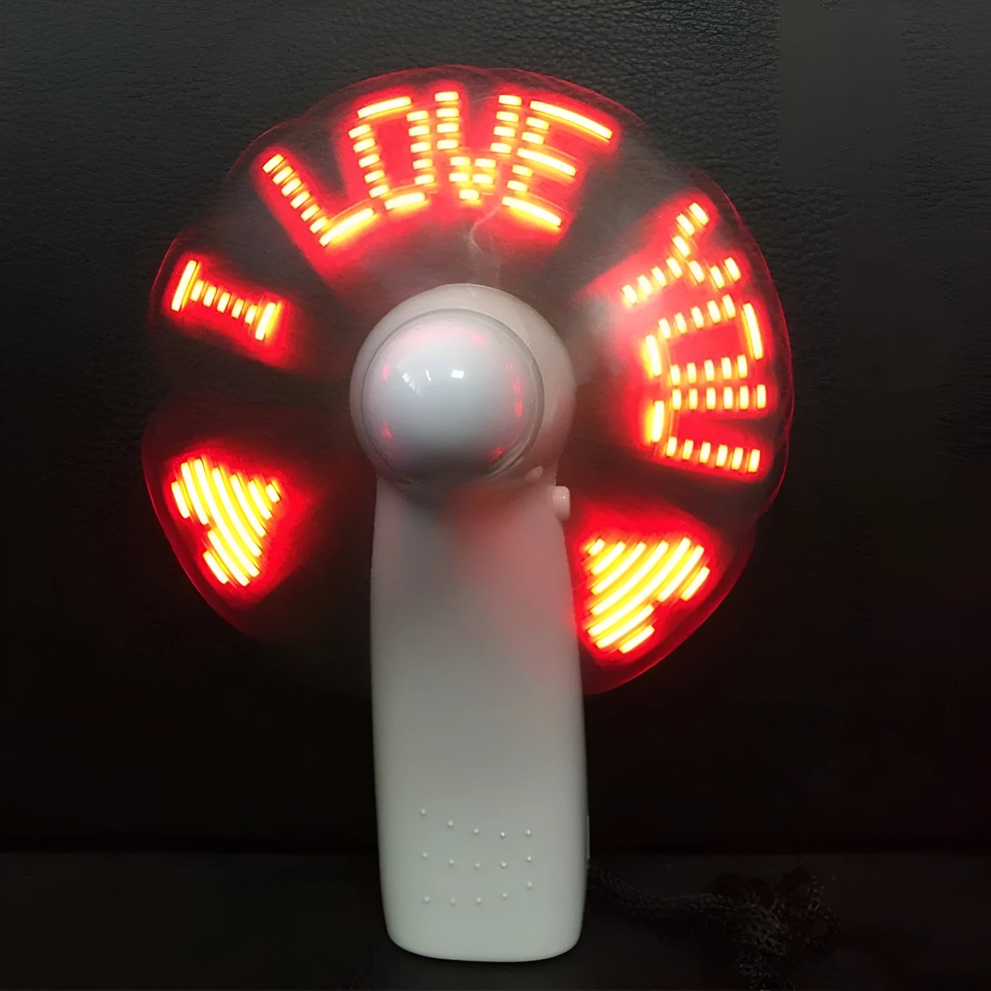 White handheld flashing fan with LED I love you pattern in blue and red colours