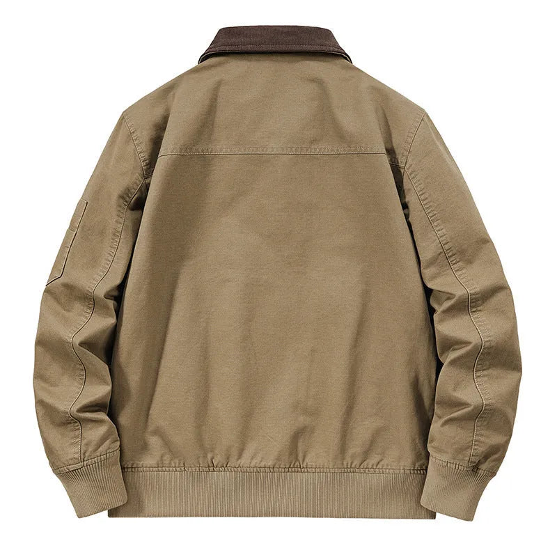 Men's washed cotton baseball flight jacket in plus sizes, shown in camel colour.