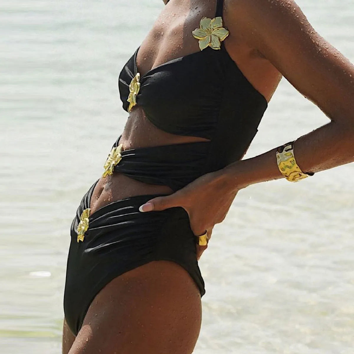 Women's high-waist one-piece swimsuit with attached short skirt in solid colour options
