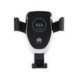 Black Qi wireless car charger mounted on a car dashboard, holding an iPhone.