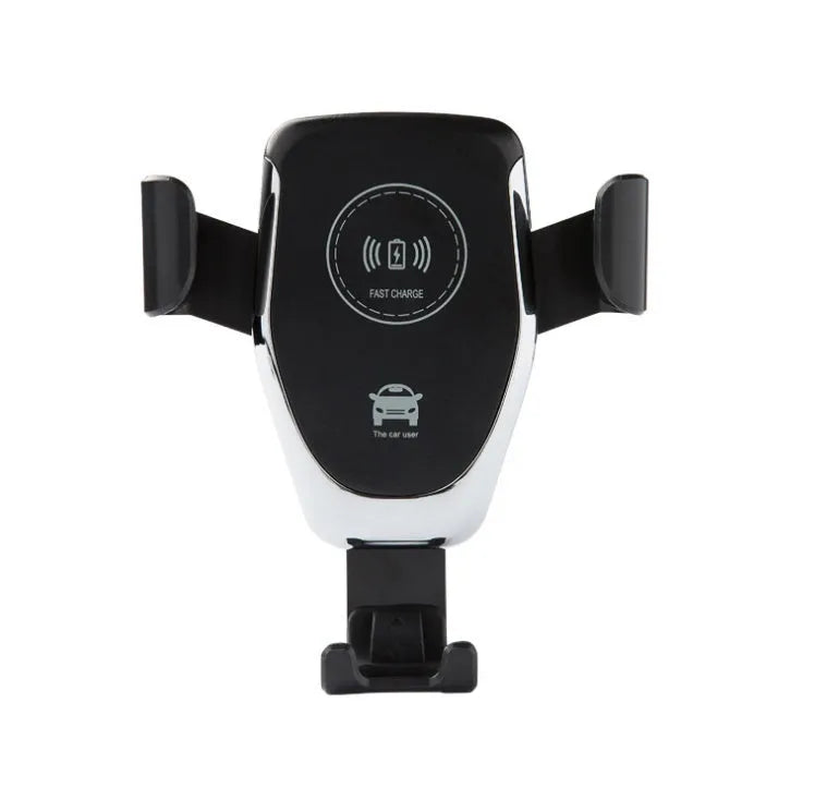 Black Qi wireless car charger mounted on a car dashboard, holding an iPhone.
