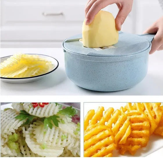 8-in-1 mandoline vegetable slicer with stainless steel blades and blue plastic body on kitchen counter