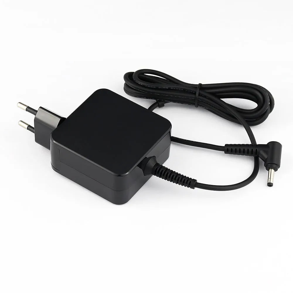 Black 45W laptop power adapter with US and EU plug options, showing compact size