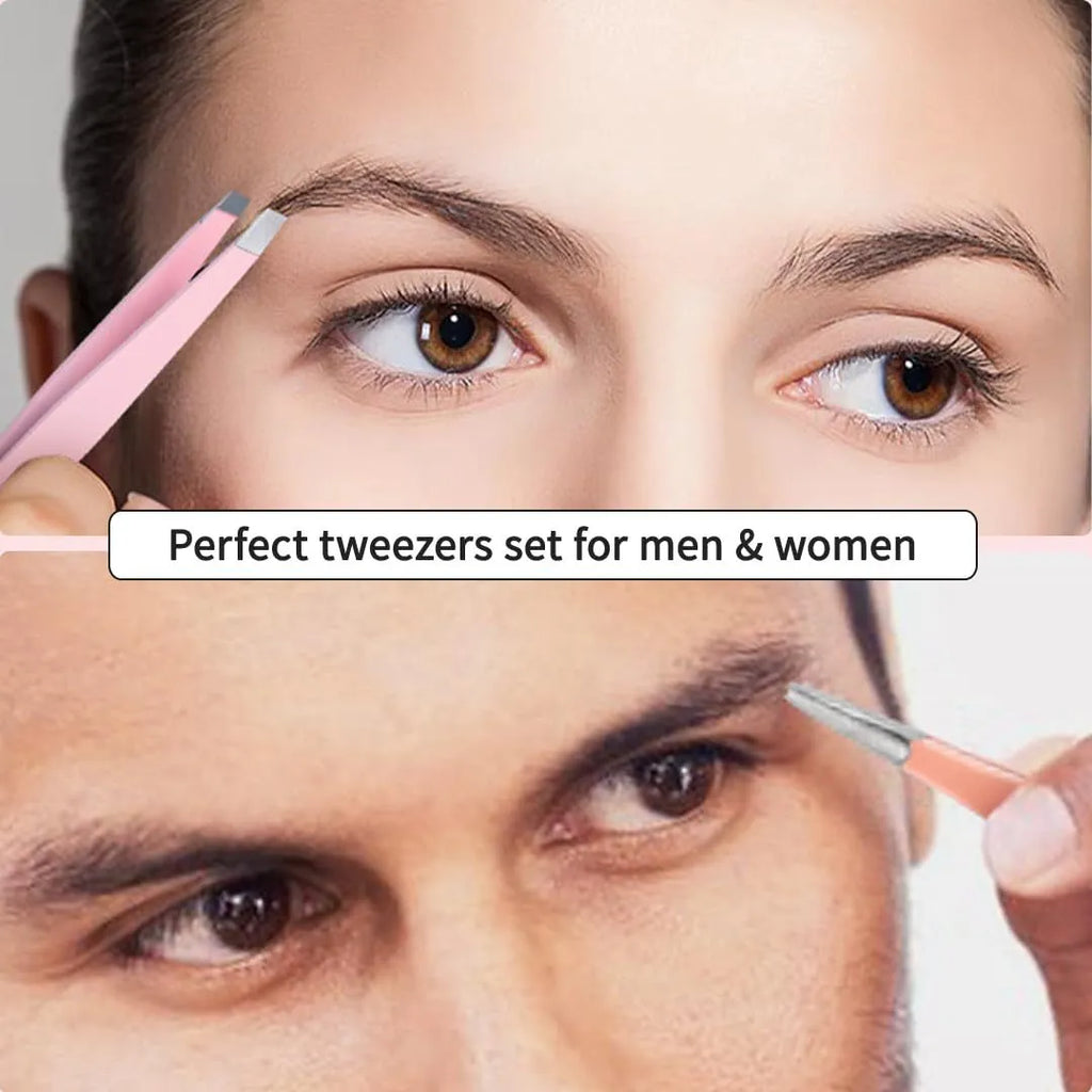 6-piece stainless steel eyebrow tweezers set with scissors, brush, and leather protective case