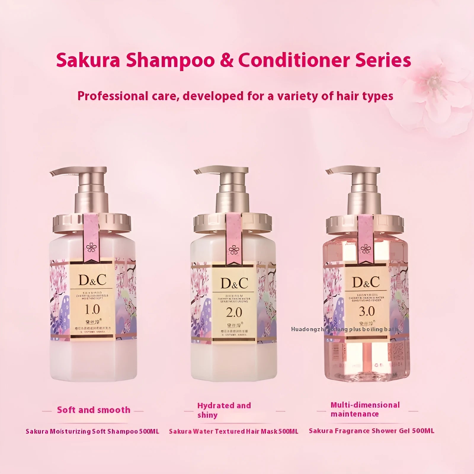 Sakura Cherry Blossom shampoo, hair mask, and shower gel set in 500ml bottles.
