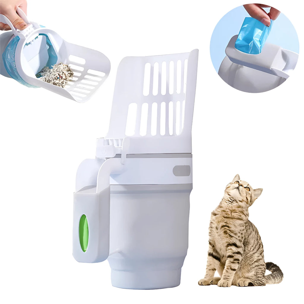 Grey foldable cat litter scoop with built-in waste bin and refill bags for cats and dogs.