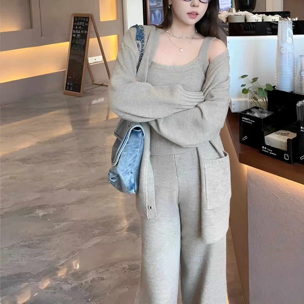 Women's knit cardigan with vest and suspender trousers three-piece set in beige colour