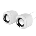 A pair of compact black or white wired desktop computer speakers with a volume scroll wheel.