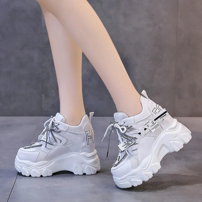 Women's white breathable mesh platform sports shoes with cross strap and round toe