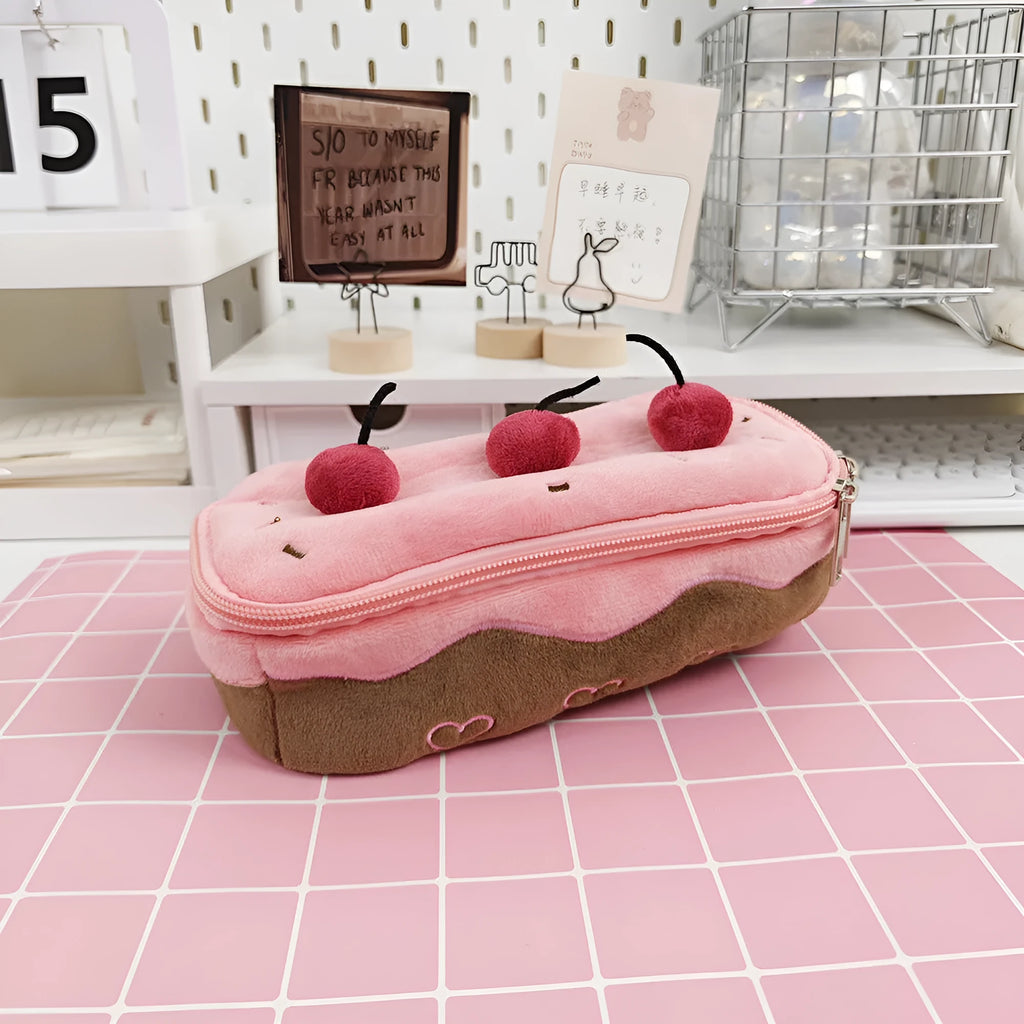 Cherry cake colour velvet plush pencil case with Korean style design and zip closure