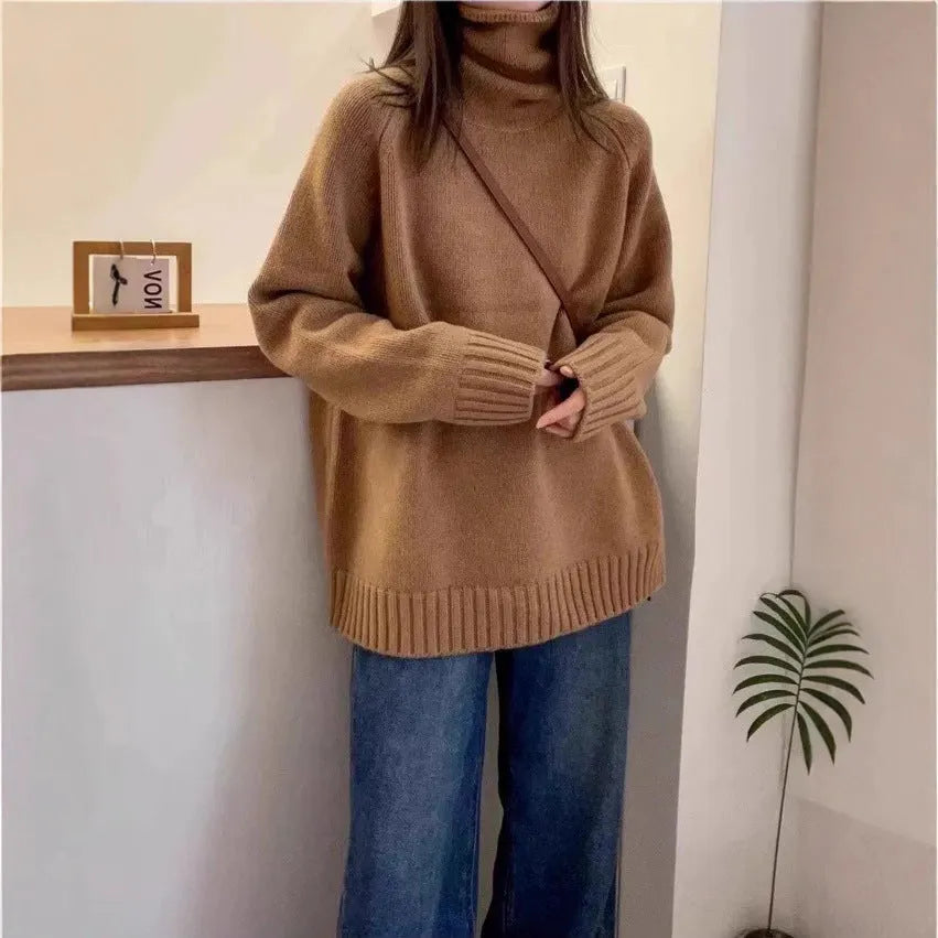 Women's loose thick turtleneck sweater with curling pile collar in red, camel, gray, or black