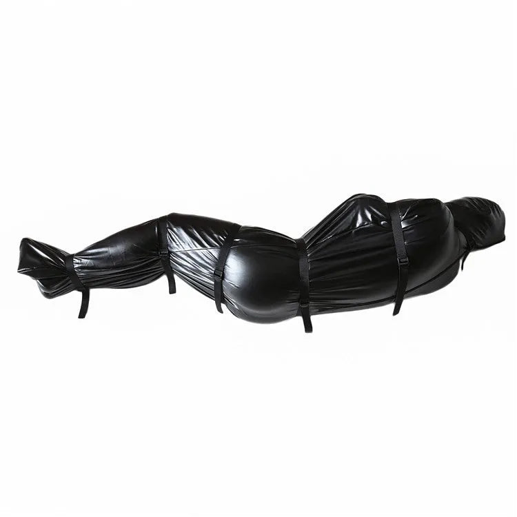 Black patent leather bondage set with nostril clothes and six ratchet tie down straps