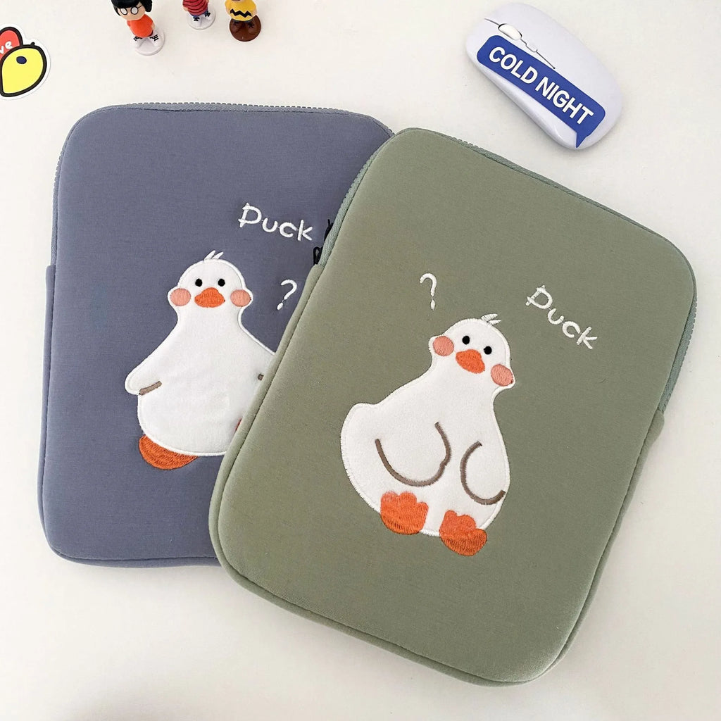 Blue cotton tablet case with cartoon duck embroidery and zipper closure for 11-16 inch tablets