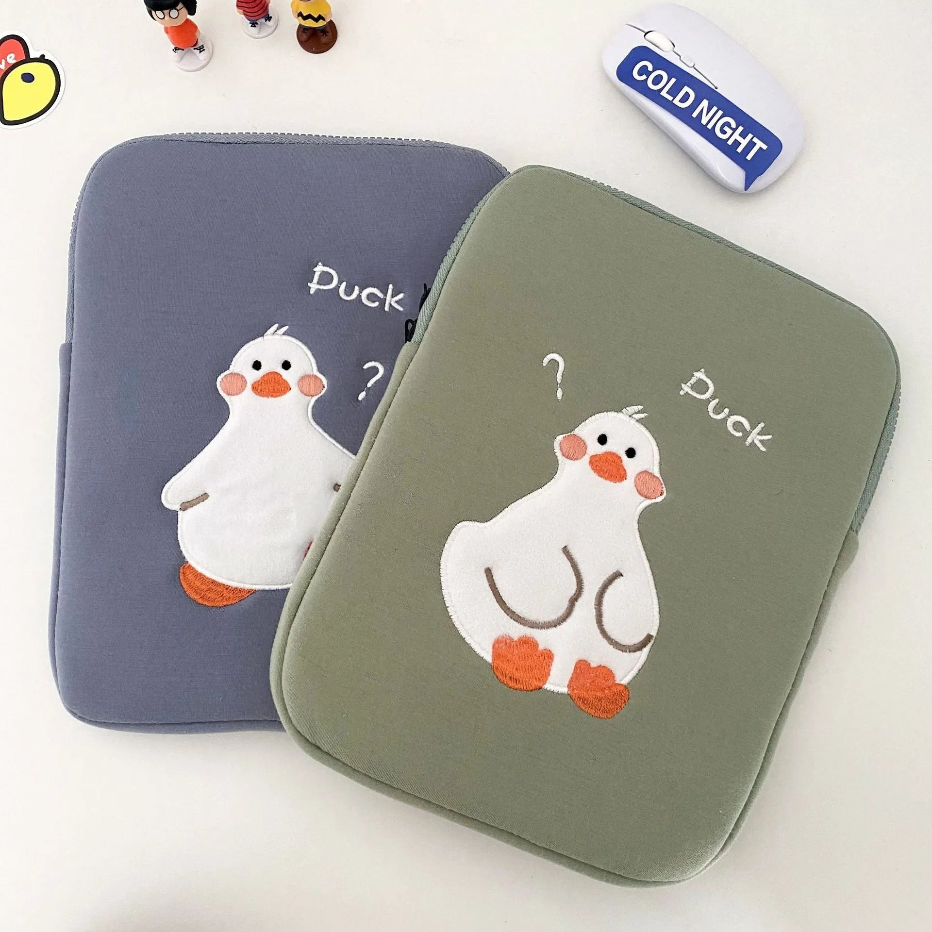 Blue cotton tablet case with cartoon duck embroidery and zipper closure for 11-16 inch tablets