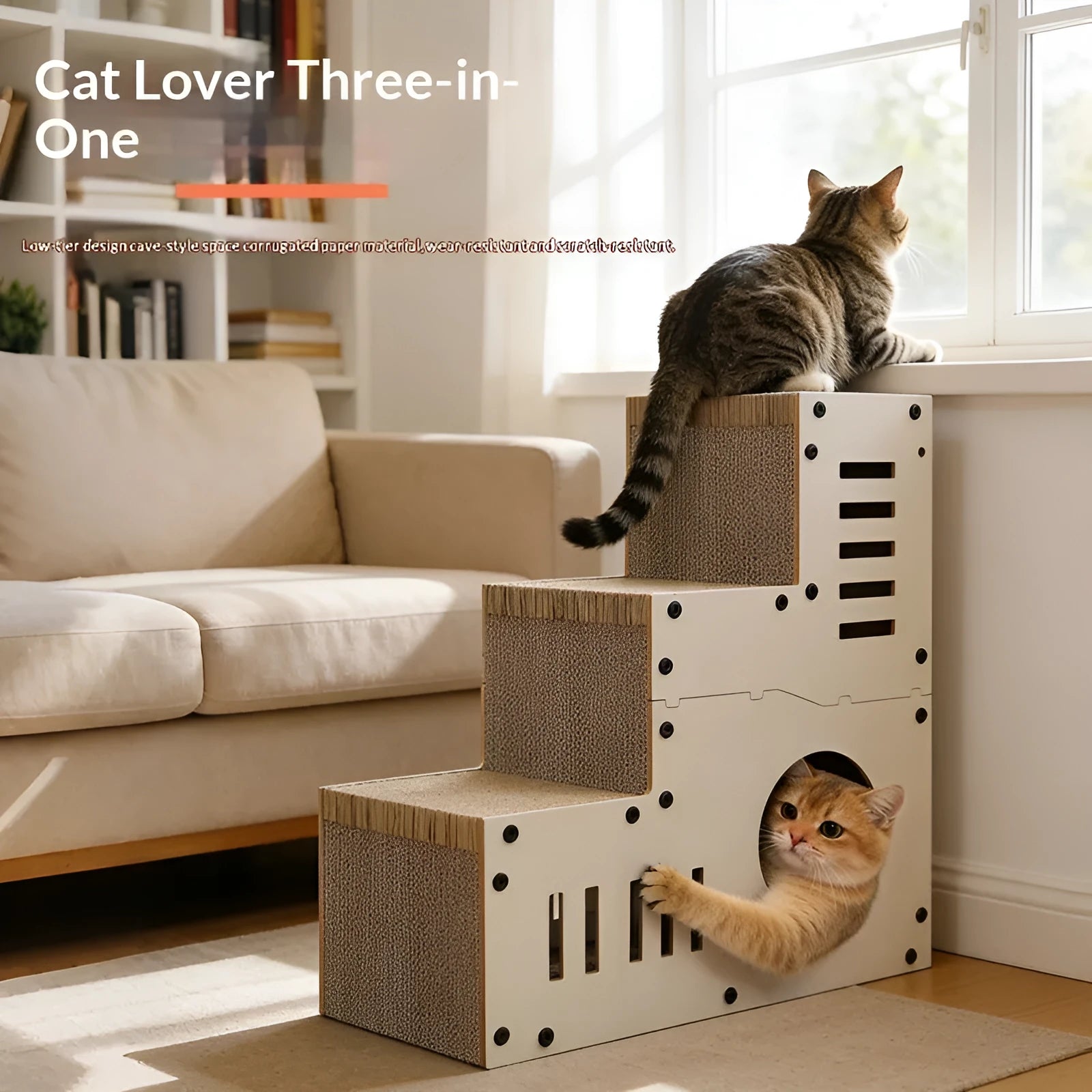 Stair-shaped corrugated cardboard cat scratcher with MDF frame and replacement core